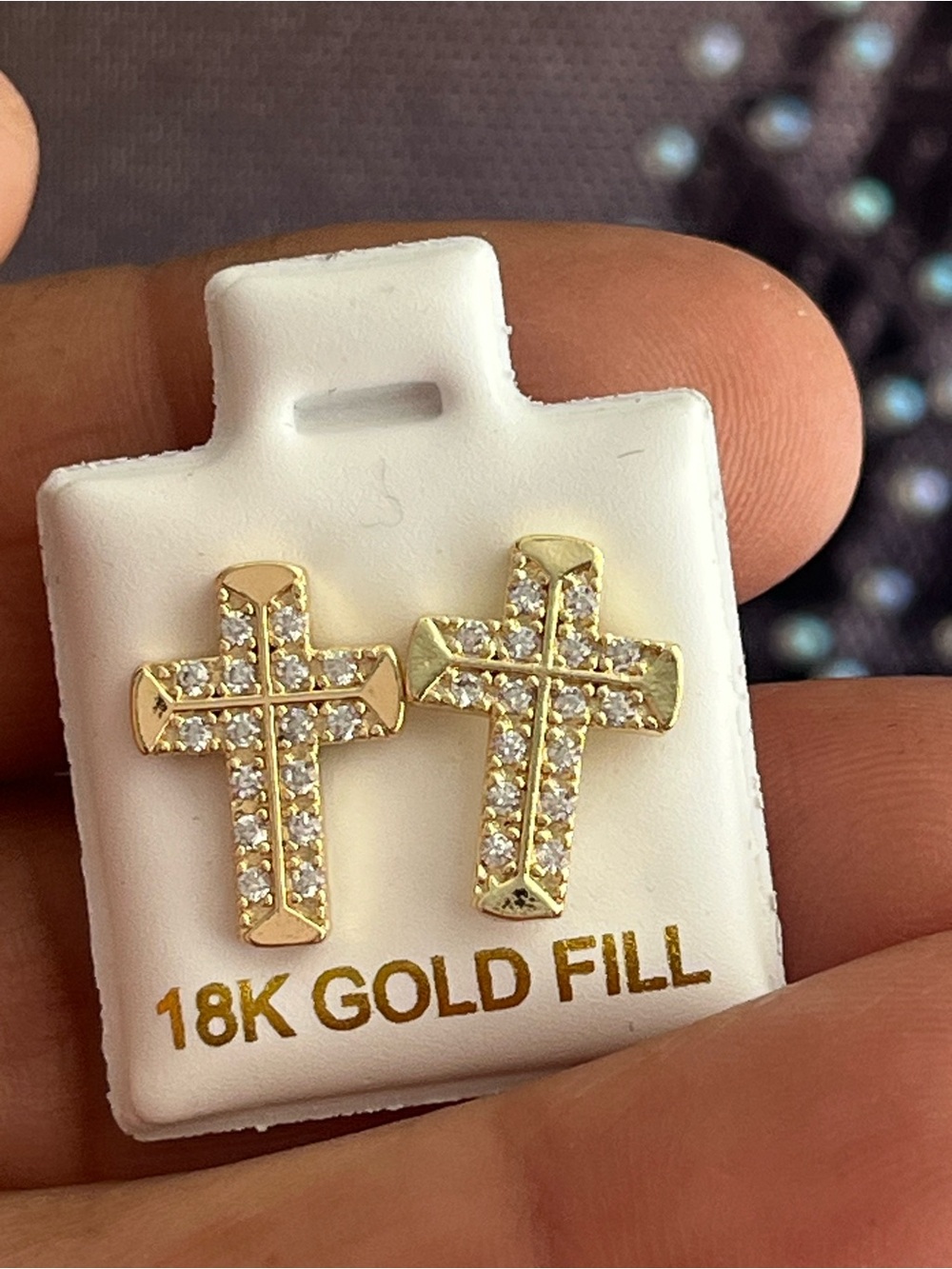 18K Gold Fill Cross Stud Earrings with Crystals - Gold